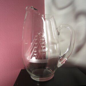 Vintage Austrian Javit Towle Crystal Etched Pitcher/Clipper Ship/Gorgeous/MINT